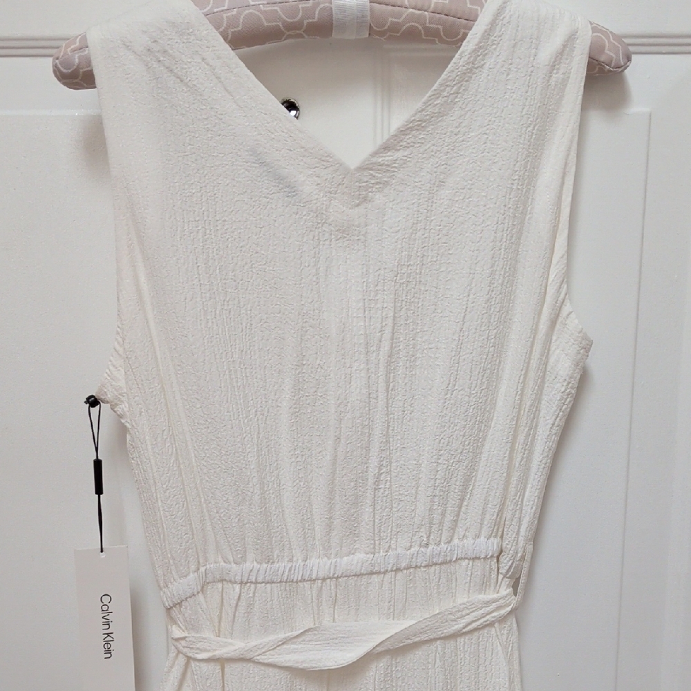 Calvin Klein Cream V-Neck Tiered Midi Dress - Picture 8 of 10